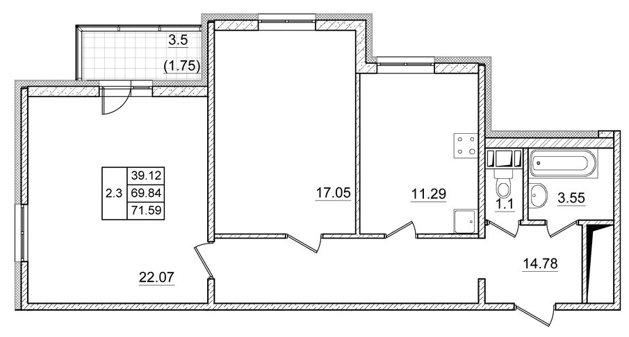 Двухкомнатная квартира 69.84 м²